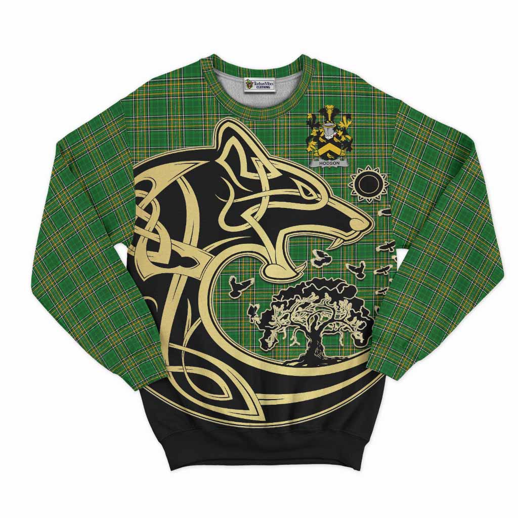 Hodson Irish Tartan Sweatshirt with Coat of Arms Celtic Wolf Style Unisex - Tartan Vibes Clothing