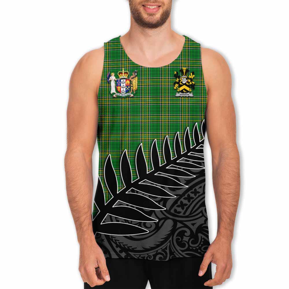 Tartan Vibes Clothing Hodson Irish Clan Tartan Men's Tank Top with Coat of Arms New Zealand Silver Fern Half Style