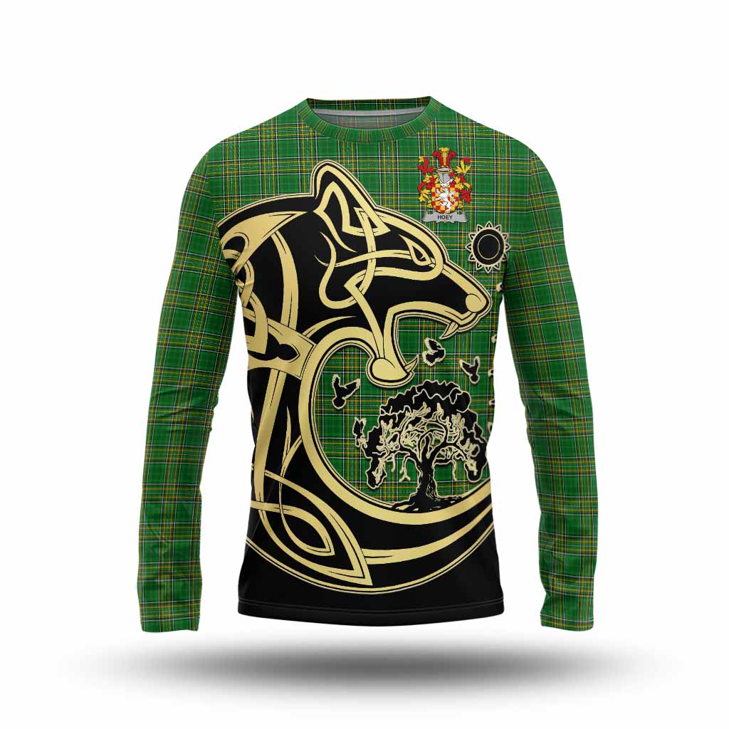 Tartan Vibes Clothing Hoey Irish Tartan Long Sleeve T-Shirt with Coat of Arms Celtic Wolf Style