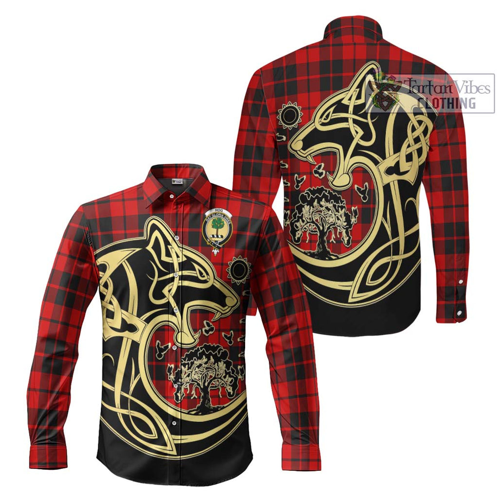 Hog Tartan Long Sleeve Button Shirt with Family Crest Celtic Wolf Style Men's Shirt S - Tartan Vibes Clothing