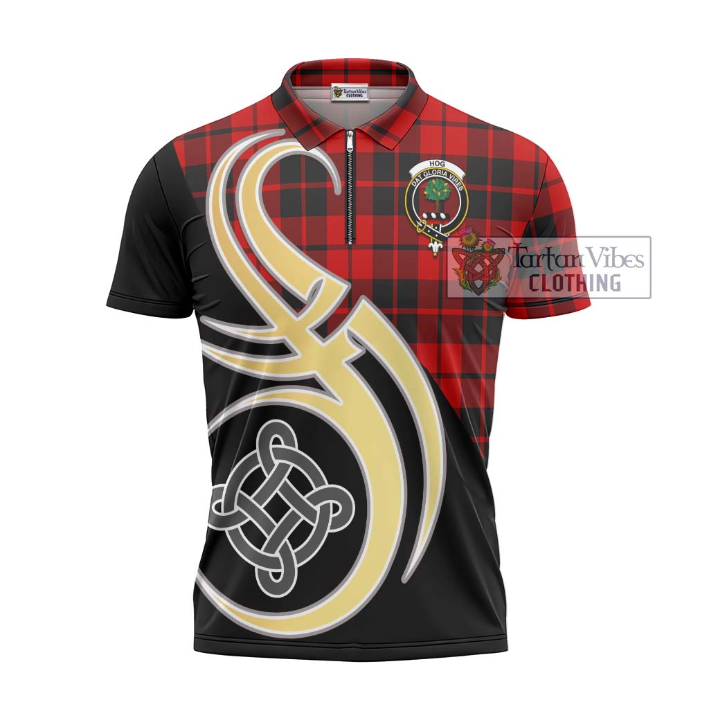 Hog Tartan Zipper Polo Shirt with Family Crest and Celtic Symbol Style - Tartan Vibes Clothing