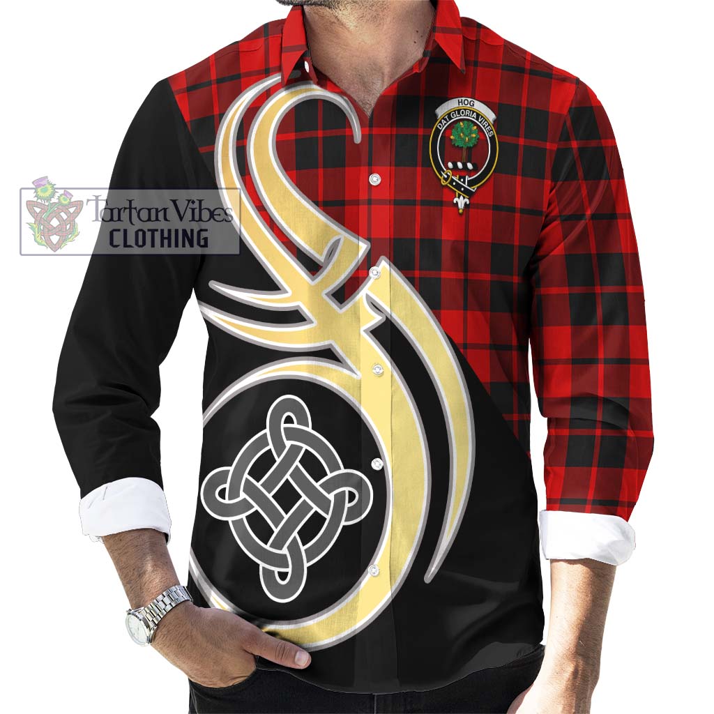 Hog Tartan Long Sleeve Button Shirt with Family Crest and Celtic Symbol Style - Tartan Vibes Clothing