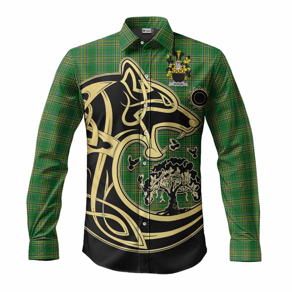 Hogan Irish Tartan Long Sleeve Button Shirt with Coat of Arms Celtic Wolf Style Men's Shirt S - Tartan Vibes Clothing