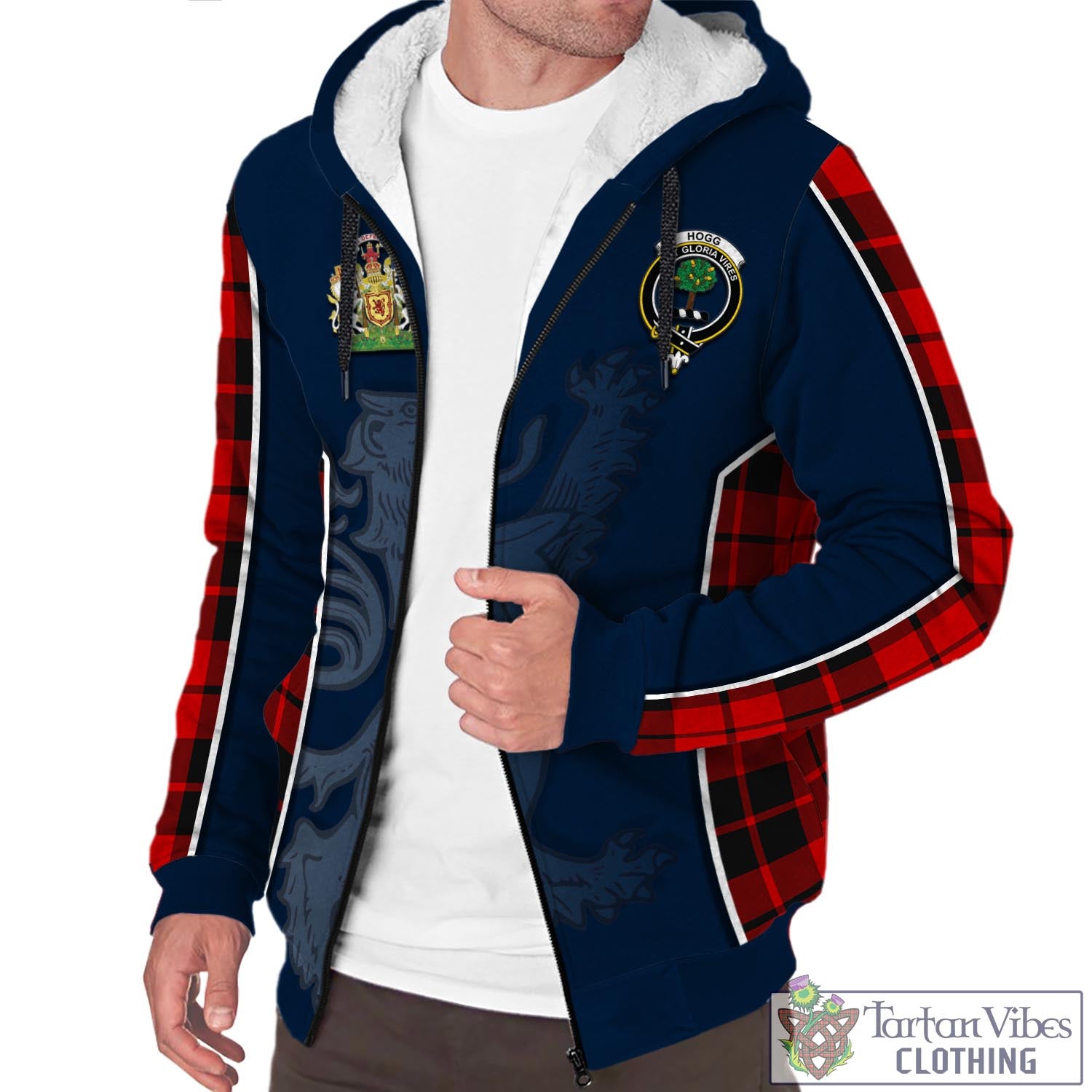 Tartan Vibes Clothing Hogg Tartan Sherpa Hoodie with Family Crest and Lion Rampant Vibes Sport Style