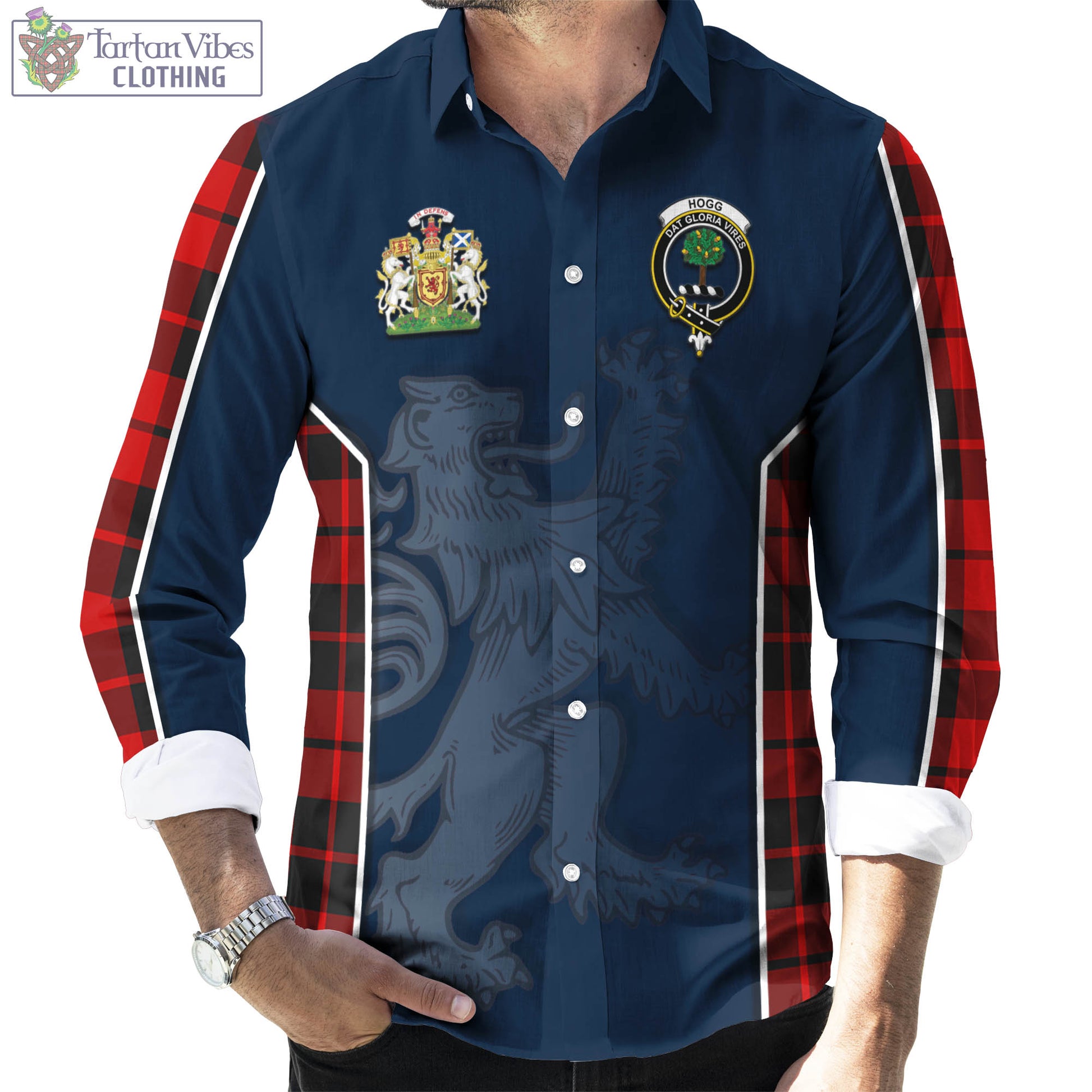 Tartan Vibes Clothing Hogg Tartan Long Sleeve Button Up Shirt with Family Crest and Lion Rampant Vibes Sport Style