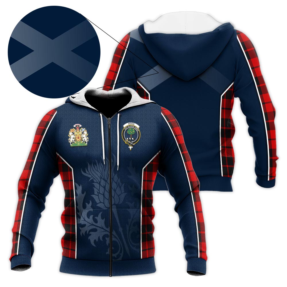 Tartan Vibes Clothing Hogg Tartan Knitted Hoodie with Family Crest and Scottish Thistle Vibes Sport Style
