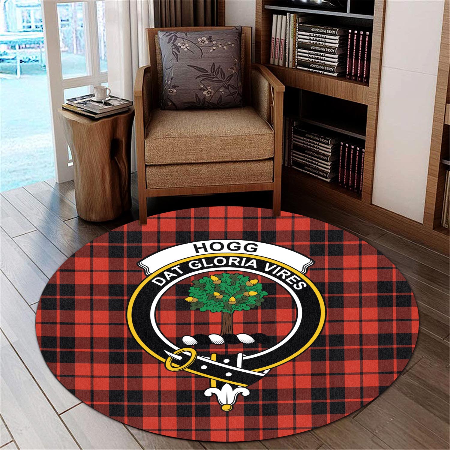 hogg-tartan-round-rug-with-family-crest