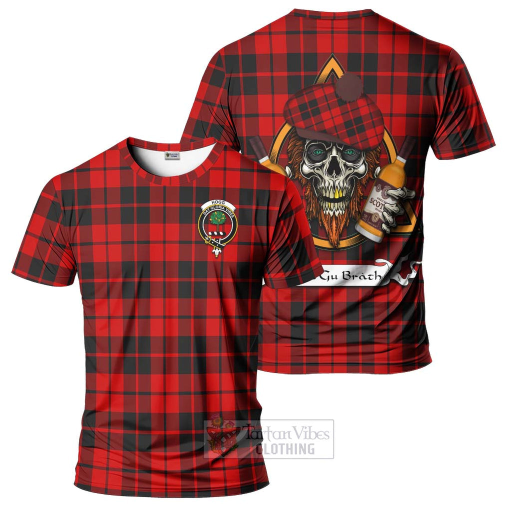 Tartan Vibes Clothing Hogg (Hog) Tartan T-Shirt with Family Crest and Bearded Skull Holding Bottles of Whiskey