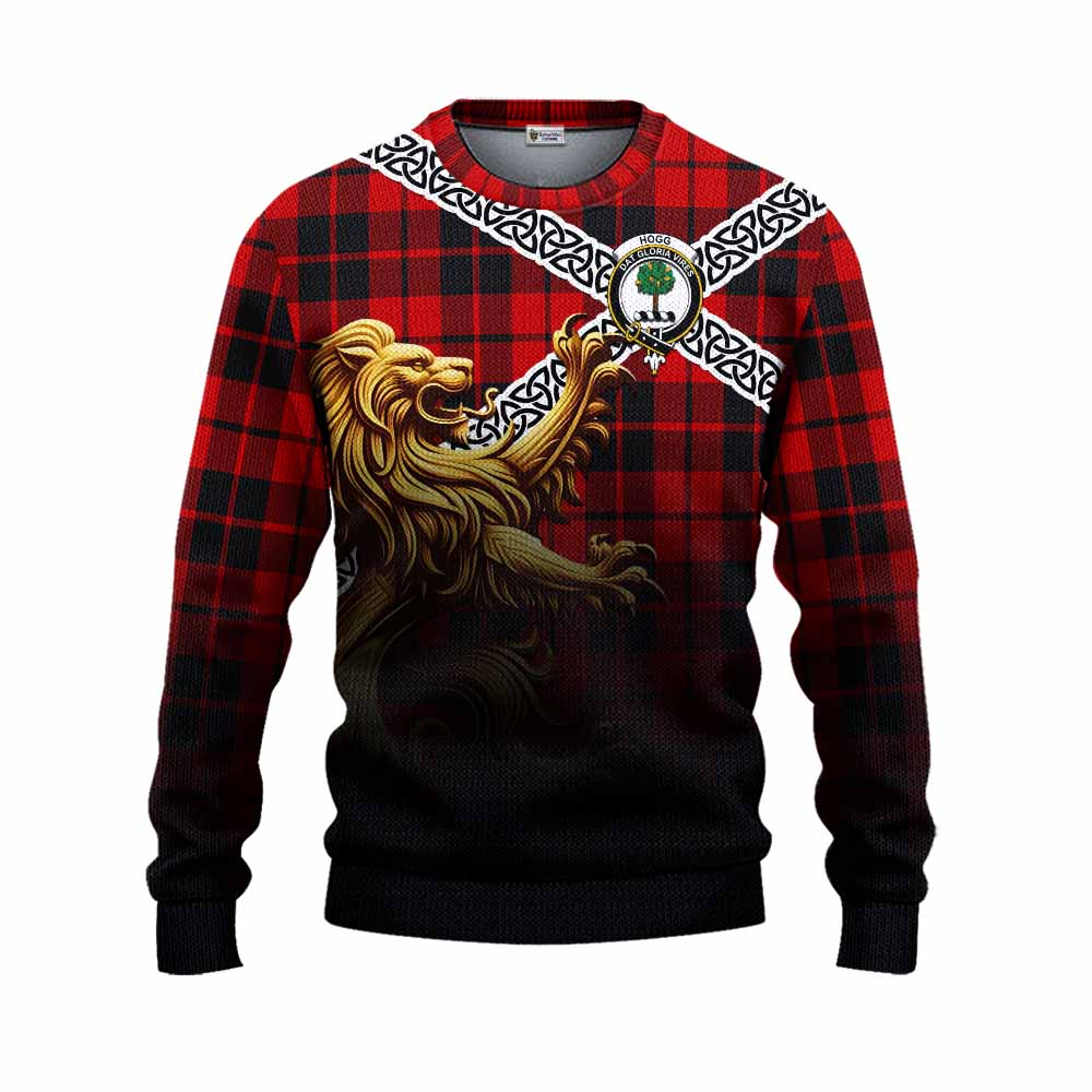Tartan Vibes Clothing Hogg (Hog) Crest Tartan Knitted Sweater with Golden Lion Emblem Celtic Style