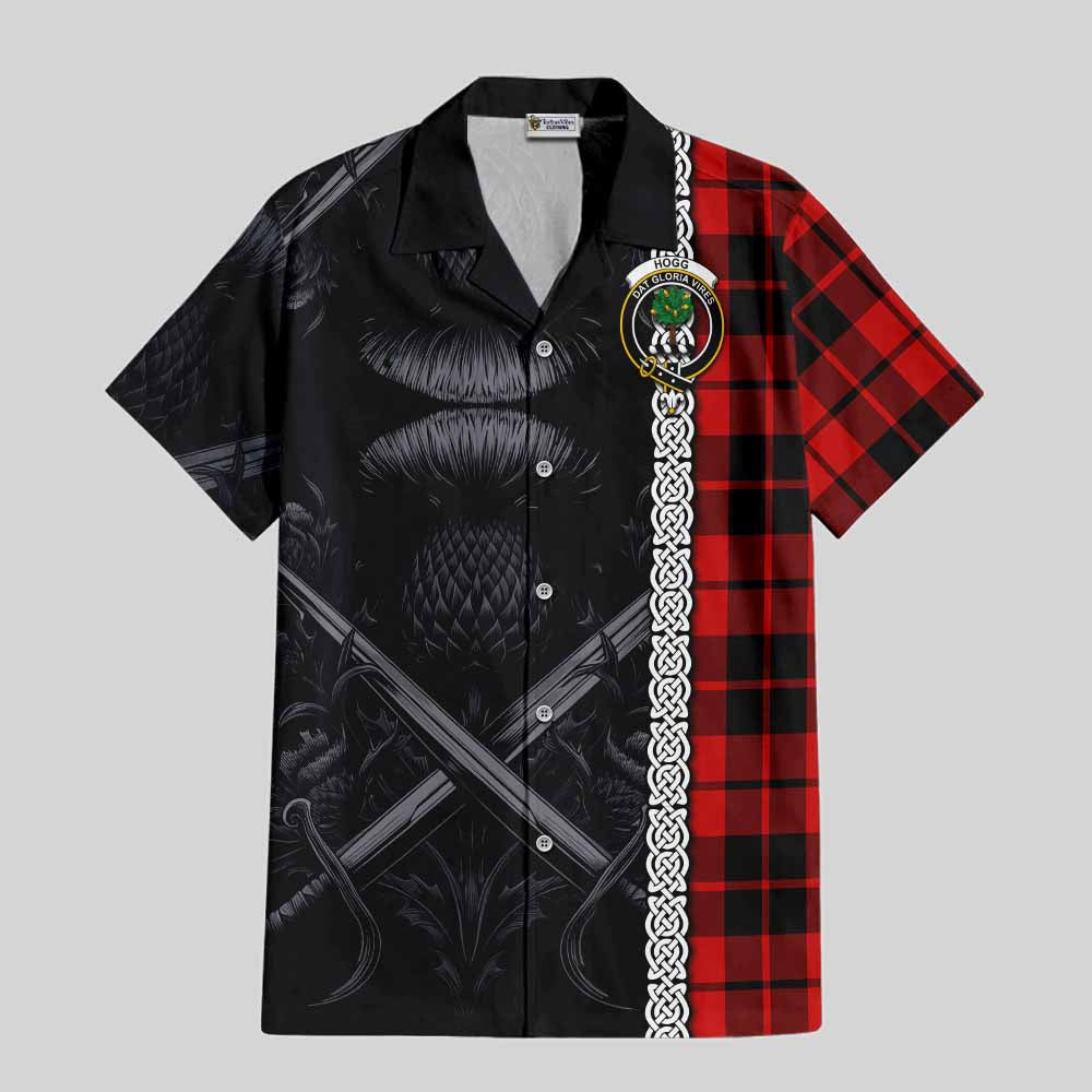 Tartan Vibes Clothing Hogg (Hog) Tartan Short Sleeve Button Shirt with Family Crest Cross Sword Thistle Celtic Vibes