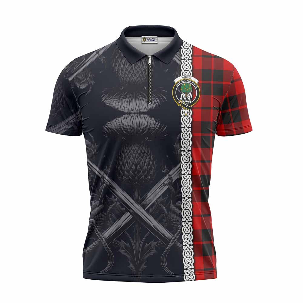 Tartan Vibes Clothing Hogg (Hog) Tartan Zipper Polo Shirt with Family Crest Cross Sword Thistle Celtic Vibes