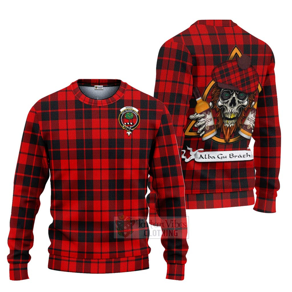 Tartan Vibes Clothing Hogg (Hog) Tartan Knitted Sweater with Family Crest and Bearded Skull Holding Bottles of Whiskey