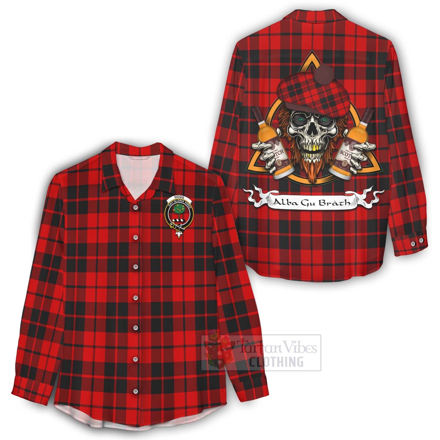 Tartan Vibes Clothing Hogg (Hog) Tartan Women's Casual Shirt with Family Crest and Bearded Skull Holding Bottles of Whiskey