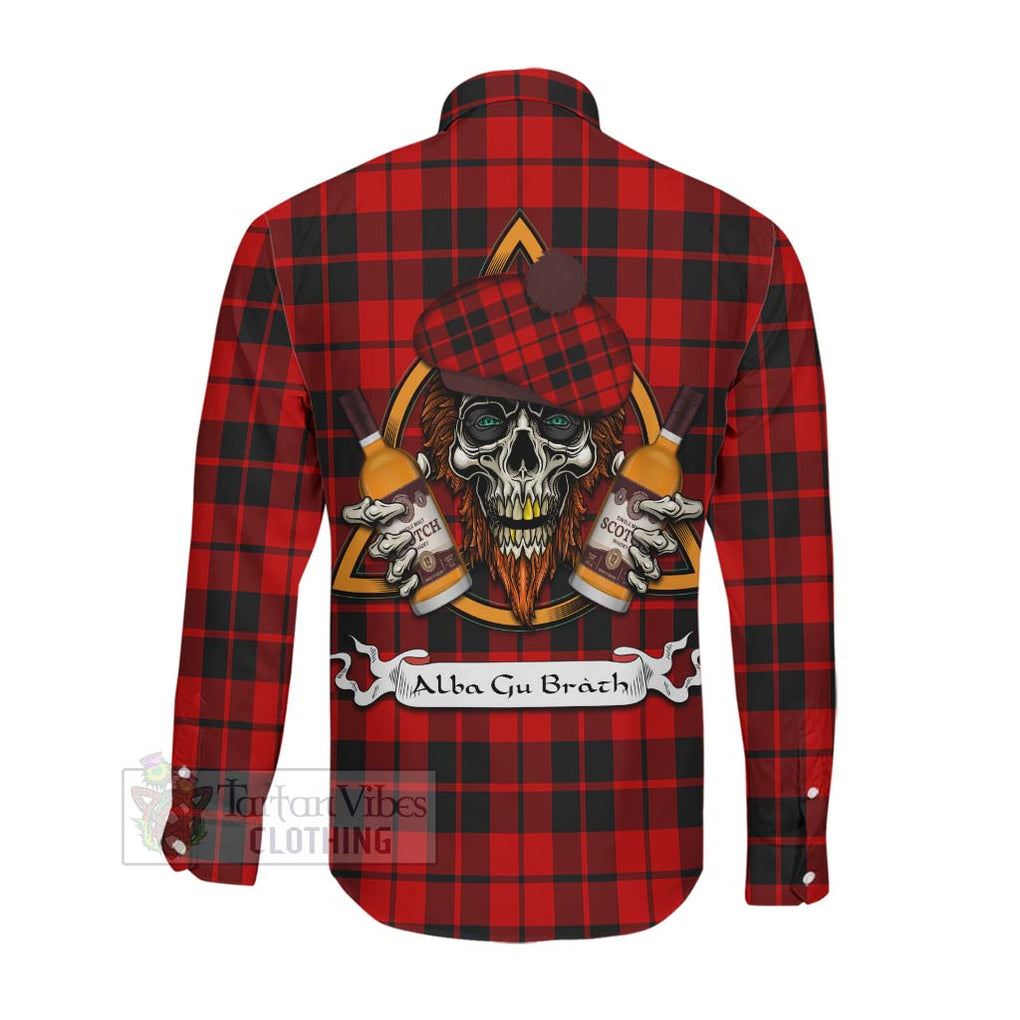 Tartan Vibes Clothing Hogg (Hog) Tartan Long Sleeve Button Shirt with Family Crest and Bearded Skull Holding Bottles of Whiskey