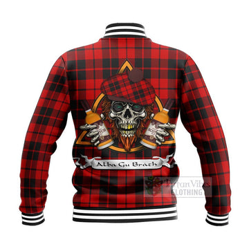 Hogg (Hog) Tartan Baseball Jacket with Family Crest and Bearded Skull Holding Bottles of Whiskey