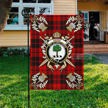 Hogg (Hog) Tartan Garden Flag with Family Crest and Golden Thistle Crossed Sword Design