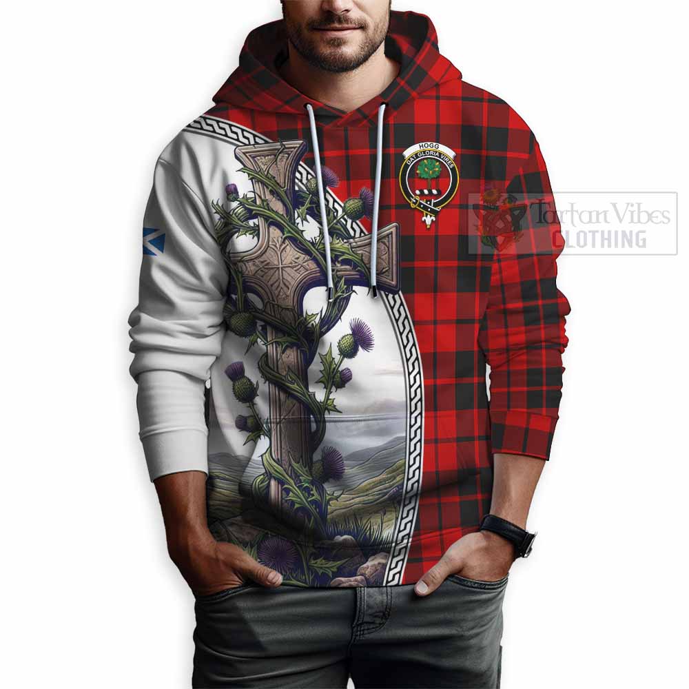 Tartan Vibes Clothing Hogg (Hog) Tartan Hoodie with Family Crest and St. Andrew's Cross Accented by Thistle Vines