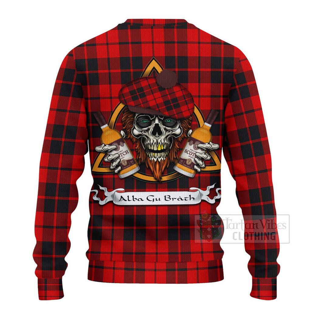 Tartan Vibes Clothing Hogg (Hog) Tartan Knitted Sweater with Family Crest and Bearded Skull Holding Bottles of Whiskey