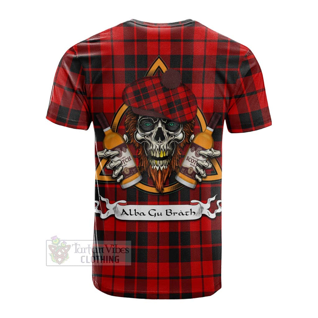 Tartan Vibes Clothing Hogg (Hog) Tartan Cotton T-shirt with Family Crest and Bearded Skull Holding Bottles of Whiskey