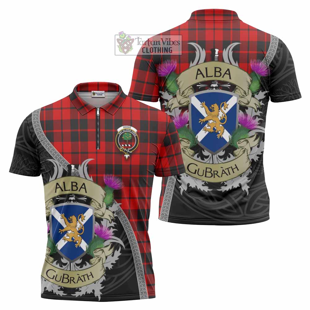 Tartan Vibes Clothing Hogg (Hog) Tartan Family Crest Zipper Polo Shirt Lion Rampant Royal Thistle Shield Celtic Inspired