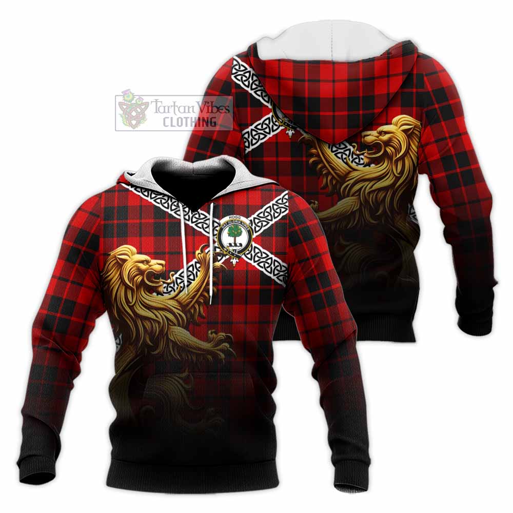 Tartan Vibes Clothing Hogg (Hog) Crest Tartan Knitted Hoodie with Golden Lion Emblem Celtic Style