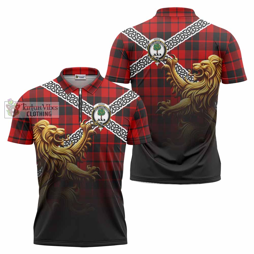 Tartan Vibes Clothing Hogg (Hog) Crest Tartan Zipper Polo Shirt with Golden Lion Emblem Celtic Style