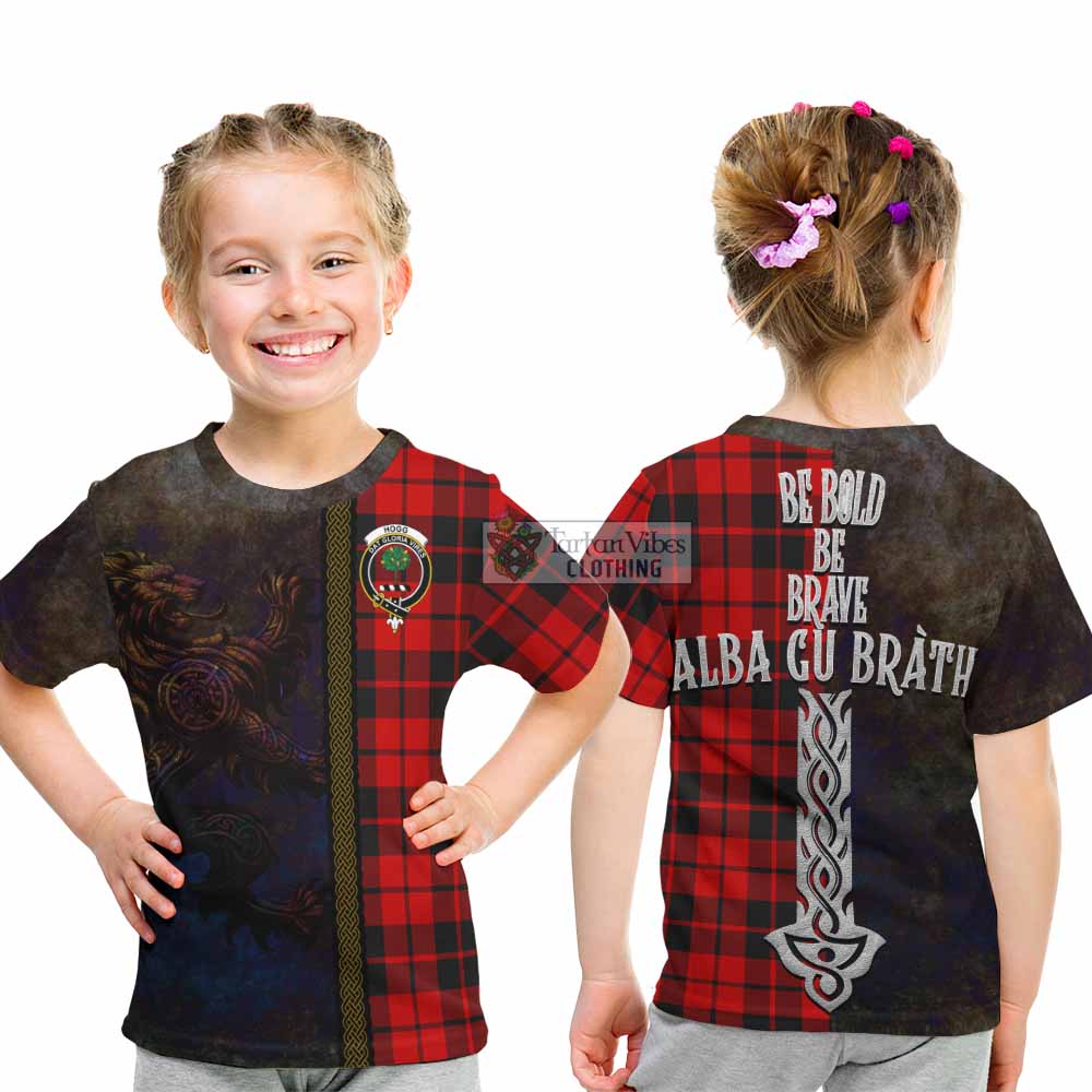 Tartan Vibes Clothing Hogg (Hog) Tartan Family Crest Kid T-Shirt Alba Gu Brath Be Brave Lion Ancient Style