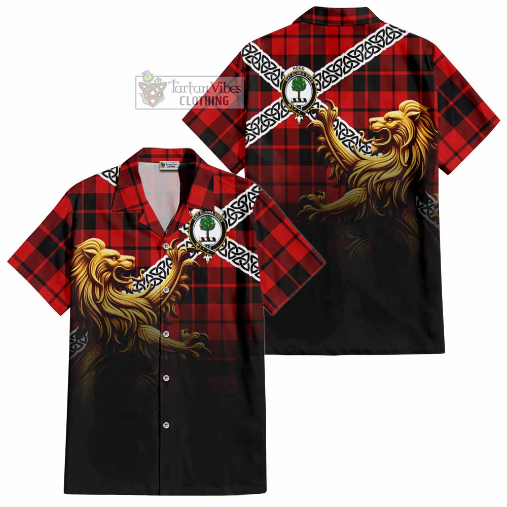 Tartan Vibes Clothing Hogg (Hog) Crest Tartan Short Sleeve Button Shirt with Golden Lion Emblem Celtic Style