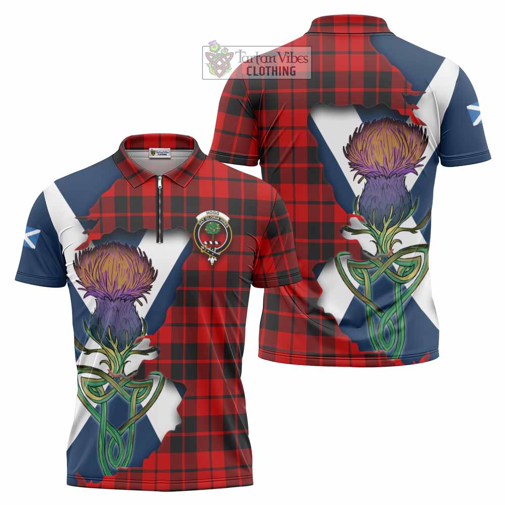 Tartan Vibes Clothing Hogg (Hog) Tartan Family Crest Zipper Polo Shirt Scottish Thistle Celtic Inspired