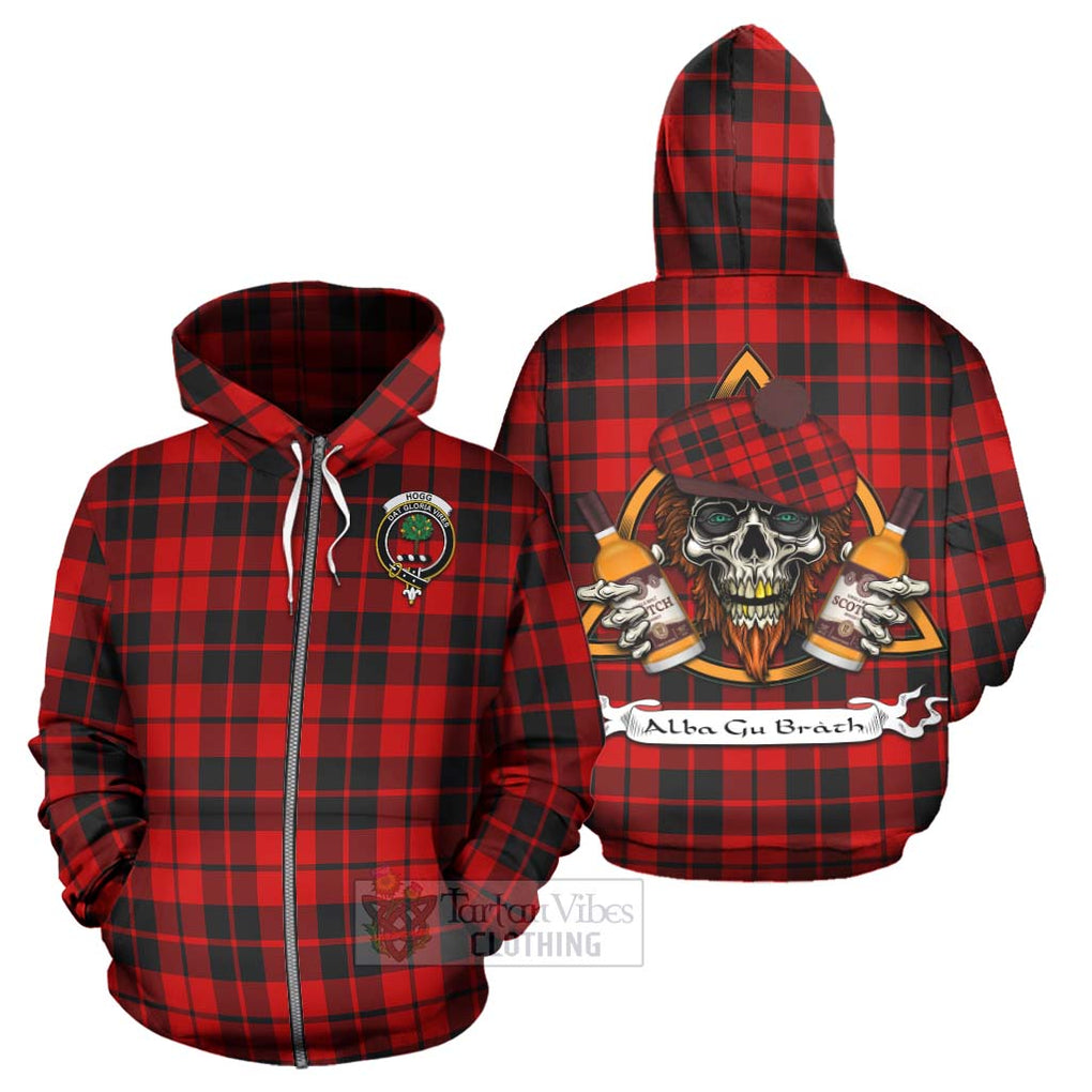 Tartan Vibes Clothing Hogg (Hog) Tartan Hoodie with Family Crest and Bearded Skull Holding Bottles of Whiskey