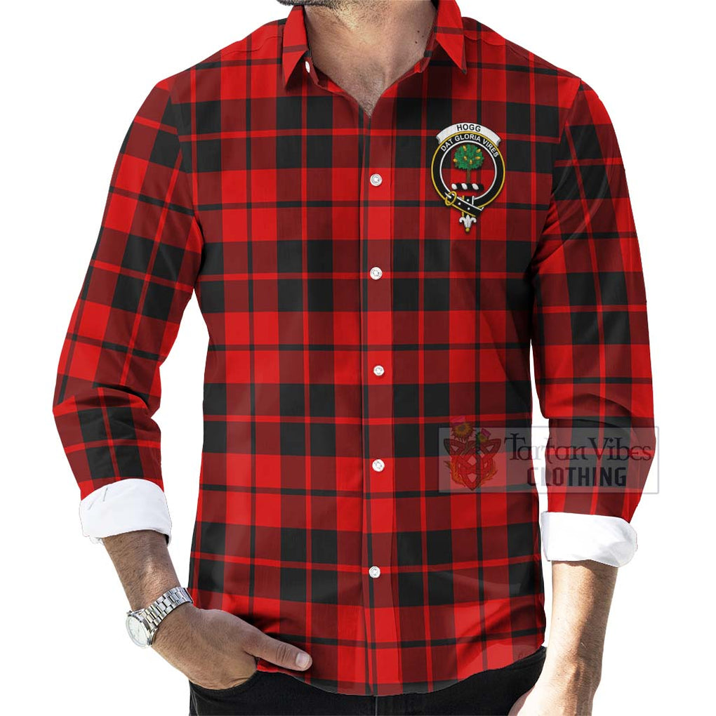 Tartan Vibes Clothing Hogg (Hog) Tartan Long Sleeve Button Shirt with Family Crest and Bearded Skull Holding Bottles of Whiskey