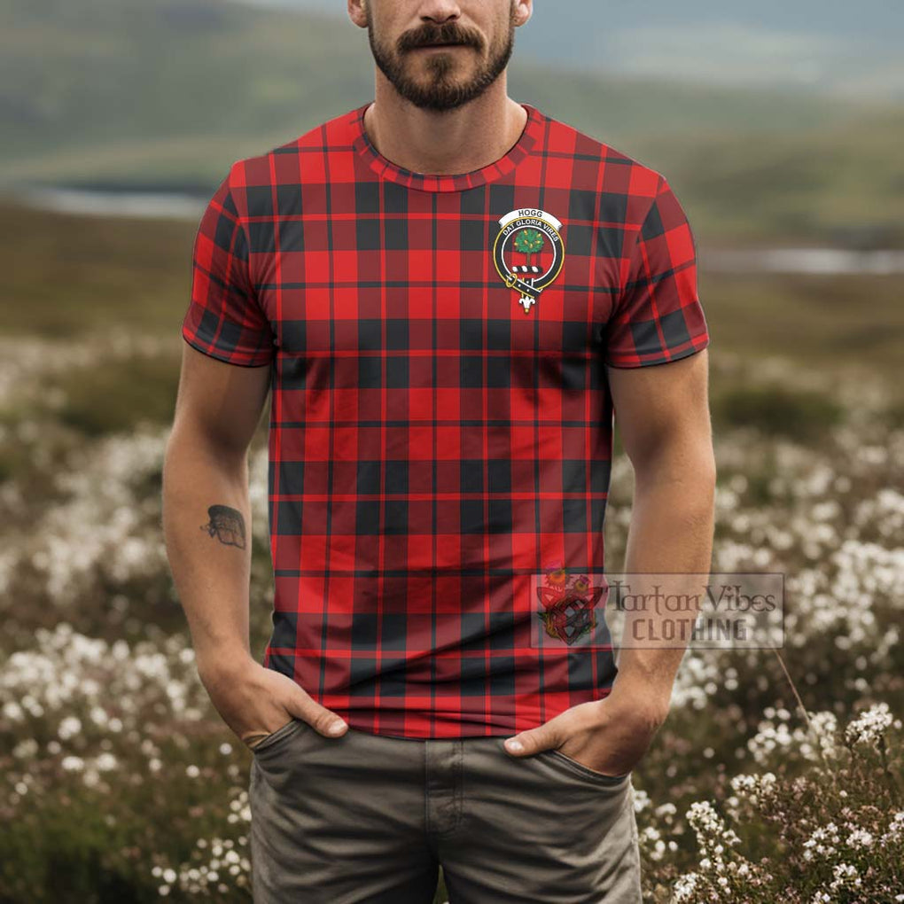Tartan Vibes Clothing Hogg (Hog) Tartan T-Shirt with Family Crest and Bearded Skull Holding Bottles of Whiskey