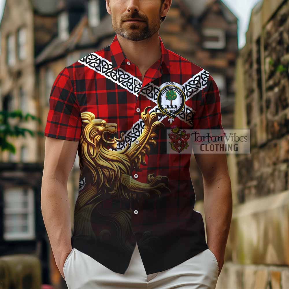 Tartan Vibes Clothing Hogg (Hog) Crest Tartan Short Sleeve Button Shirt with Golden Lion Emblem Celtic Style