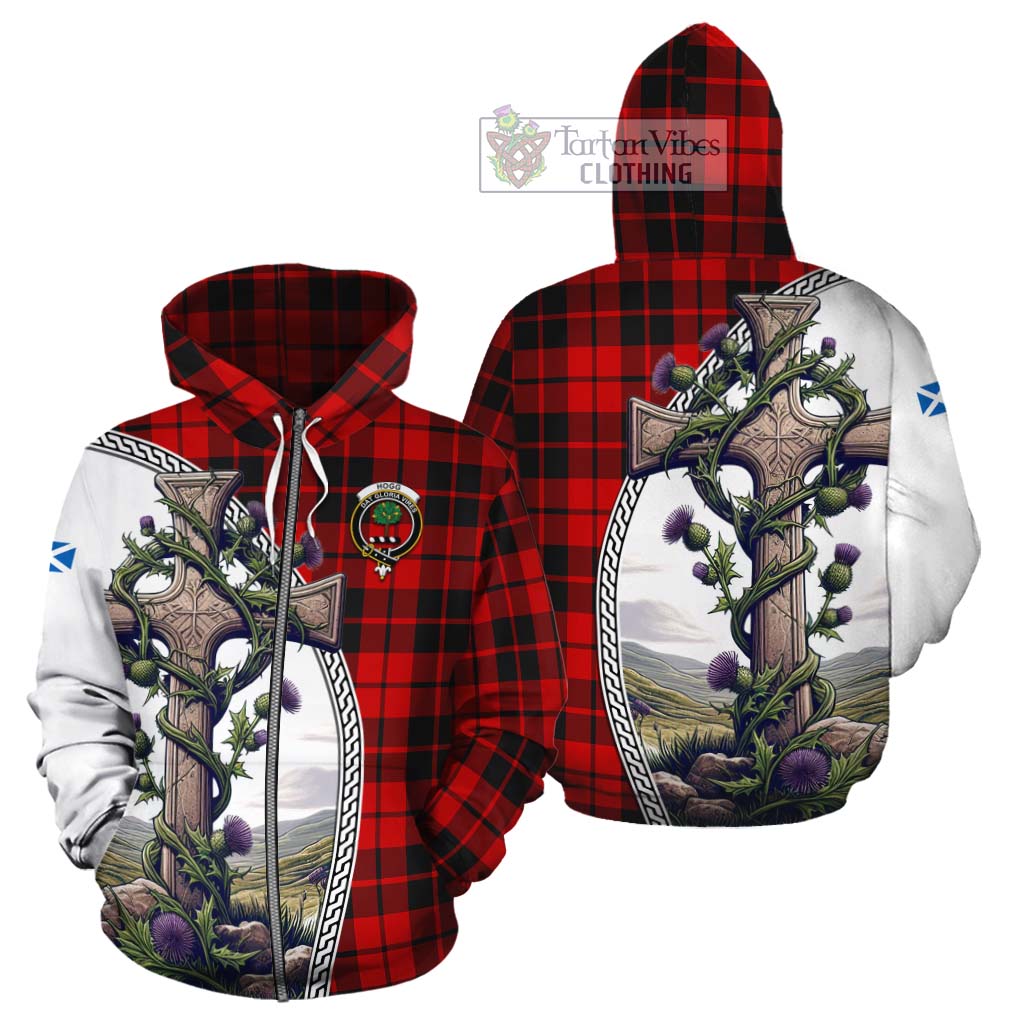 Tartan Vibes Clothing Hogg (Hog) Tartan Cotton Hoodie with Family Crest and St. Andrew's Cross Accented by Thistle Vines