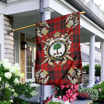 Hogg (Hog) Tartan Garden Flag with Family Crest and Golden Thistle Crossed Sword Design