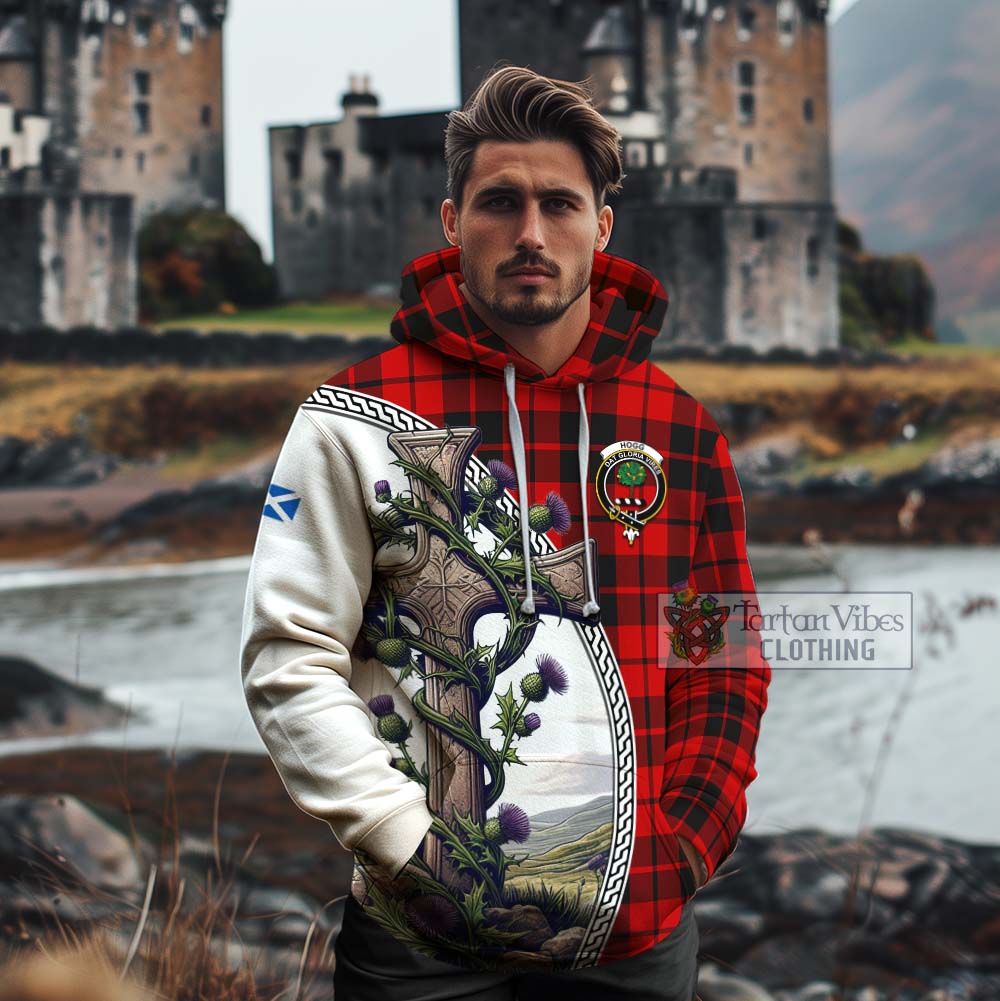 Tartan Vibes Clothing Hogg (Hog) Tartan Cotton Hoodie with Family Crest and St. Andrew's Cross Accented by Thistle Vines