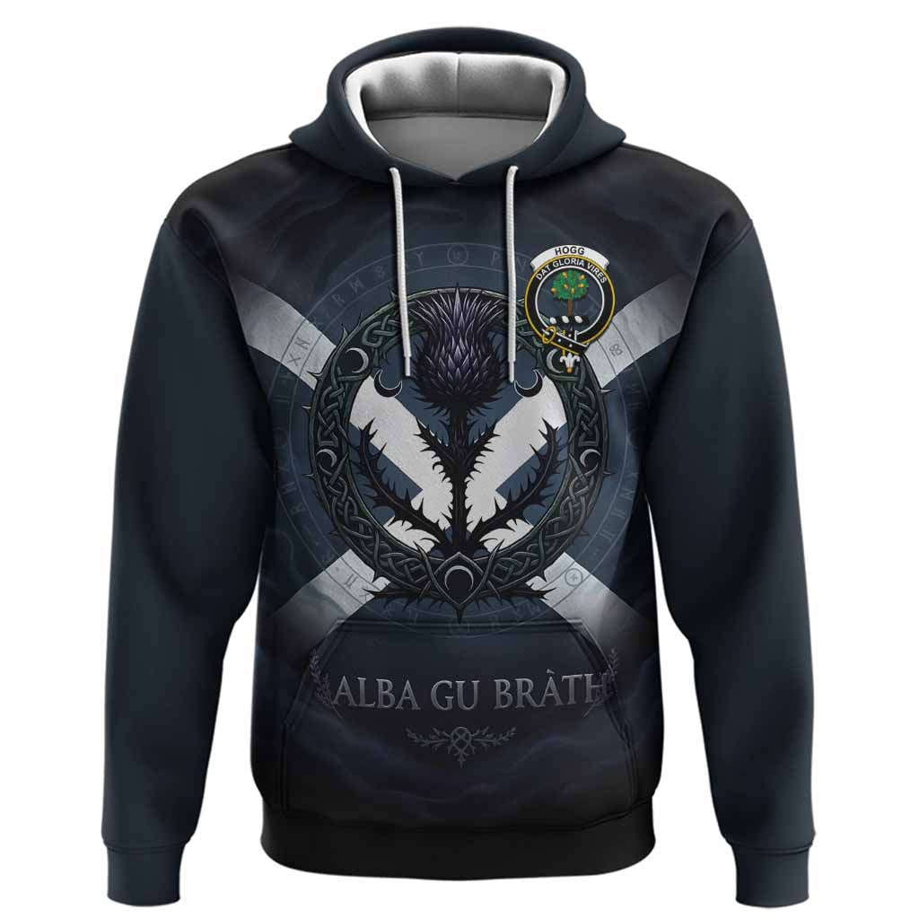 Hogg (Hog) Clan Crest Hoodie with Celtic Knot Thistle and Saltire