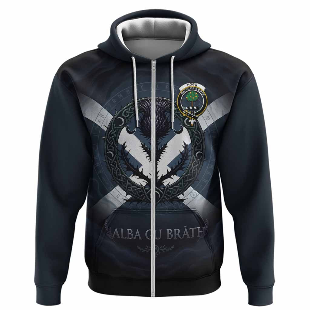 Hogg (Hog) Clan Crest Hoodie with Celtic Knot Thistle and Saltire