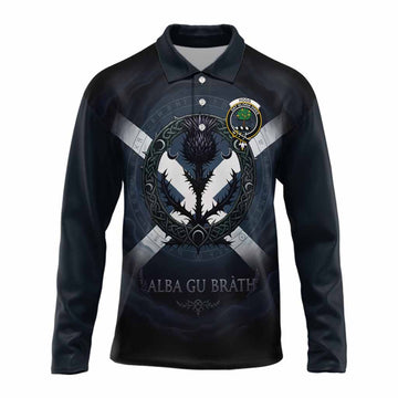 Hogg (Hog) Clan Crest Long Sleeve Polo Shirt with Celtic Knot Thistle and Saltire