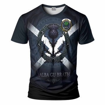 Hogg (Hog) Clan Crest T-Shirt with Celtic Knot Thistle and Saltire