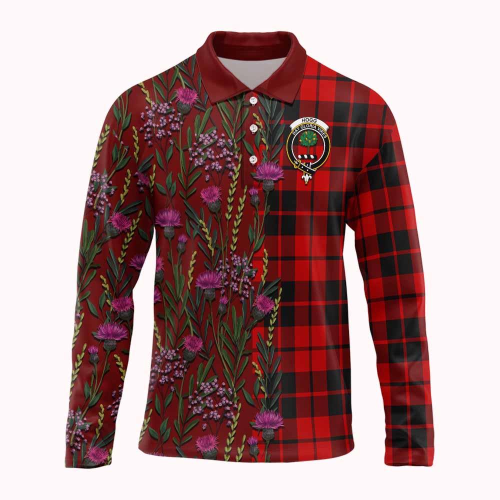 Hogg (Hog) Family Crest Tartan Long Sleeve Polo Shirt Scottish Thistle Flower Pattern Half Style - Tartan Vibes Clothing