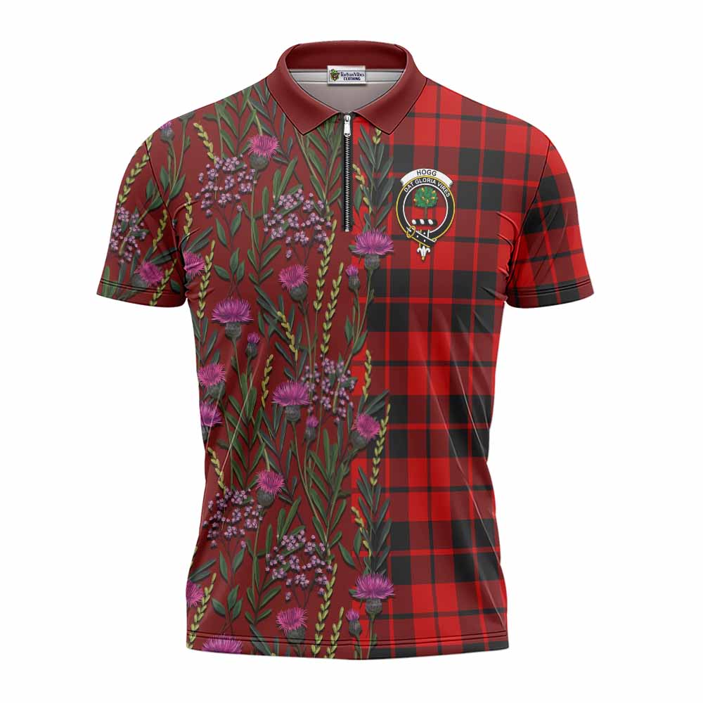 Hogg (Hog) Family Crest Tartan Zipper Polo Shirt Scottish Thistle Flower Pattern Half Style - Tartan Vibes Clothing