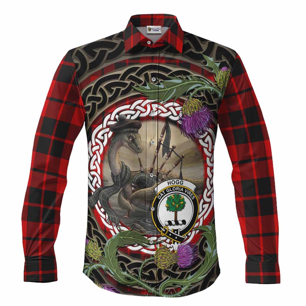 Hogg (Hog) Tartan Crest Bagpipe Nessie Long Sleeve Button Shirts Scottish Loch Ness Monster Celtic Thistle
