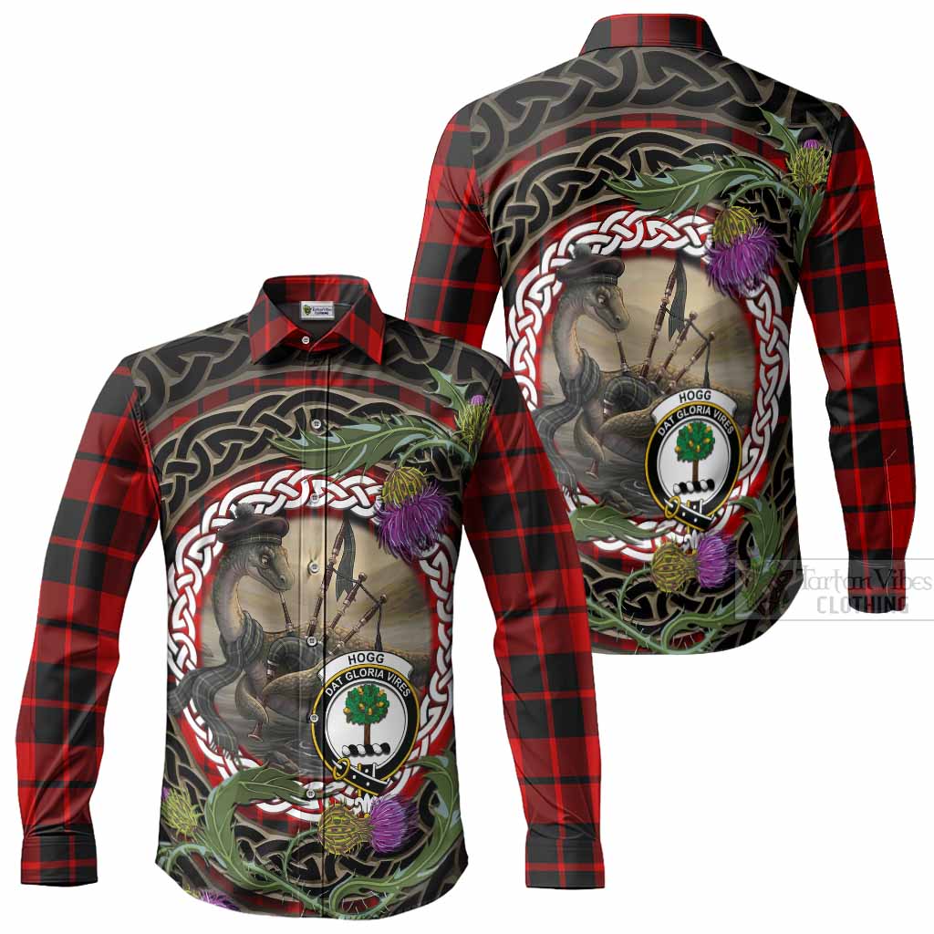 Hogg (Hog) Tartan Crest Bagpipe Nessie Long Sleeve Button Shirts Scottish Loch Ness Monster Celtic Thistle