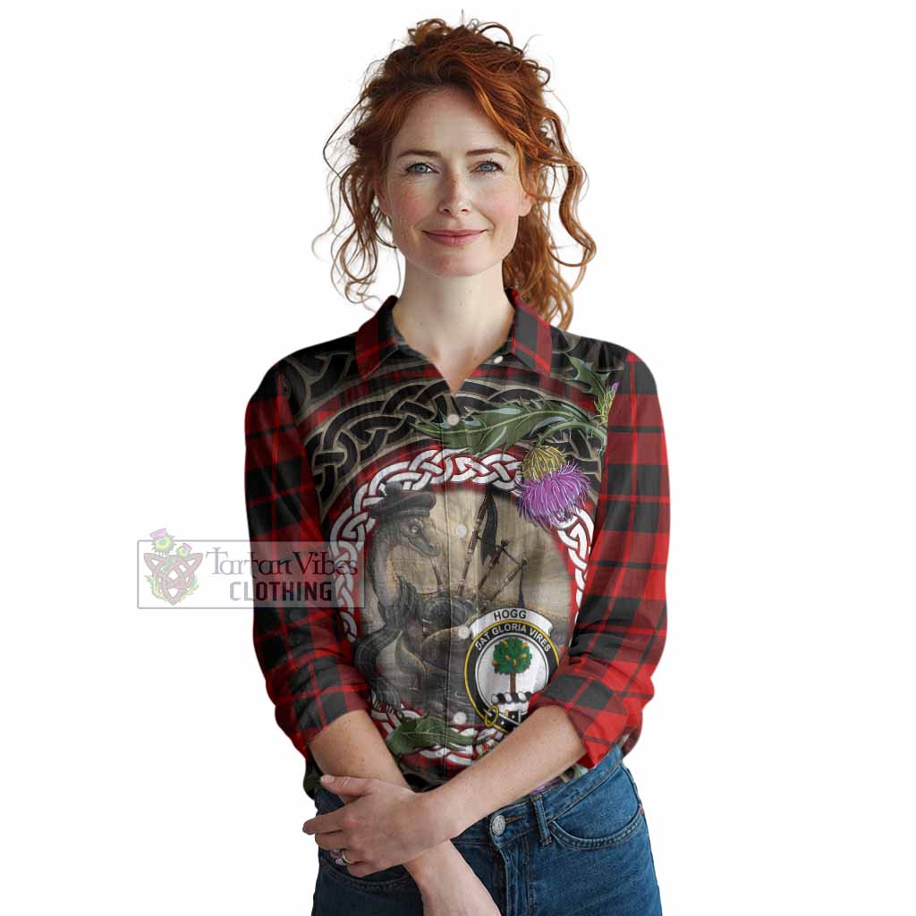 Hogg (Hog) Tartan Crest Bagpipe Nessie Women Casual Shirt Scottish Loch Ness Monster Celtic Thistle