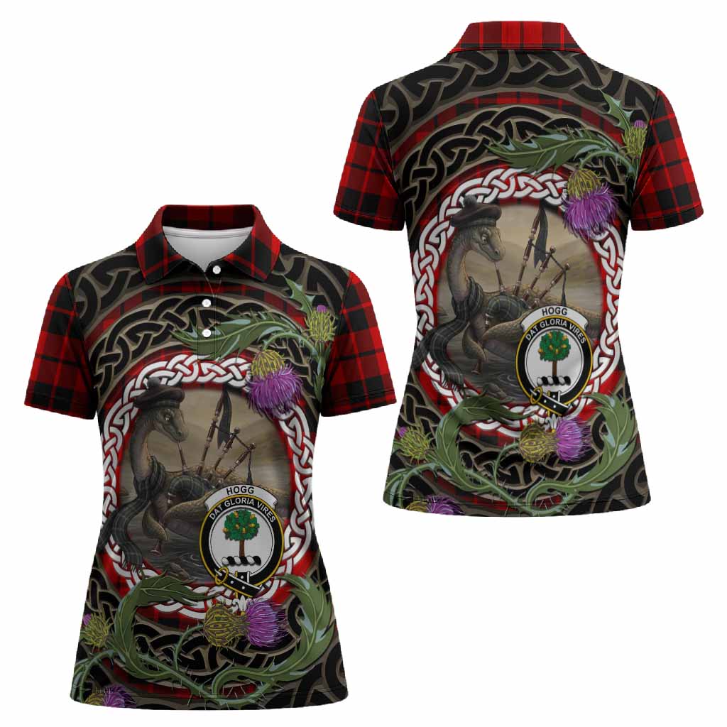 Hogg (Hog) Tartan Crest Bagpipe Nessie Women Polo Shirt Scottish Loch Ness Monster Celtic Thistle