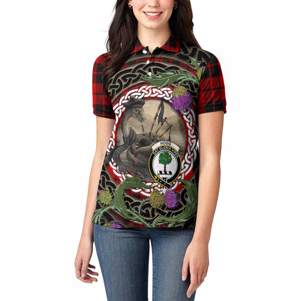 Hogg (Hog) Tartan Crest Bagpipe Nessie Women Polo Shirt Scottish Loch Ness Monster Celtic Thistle