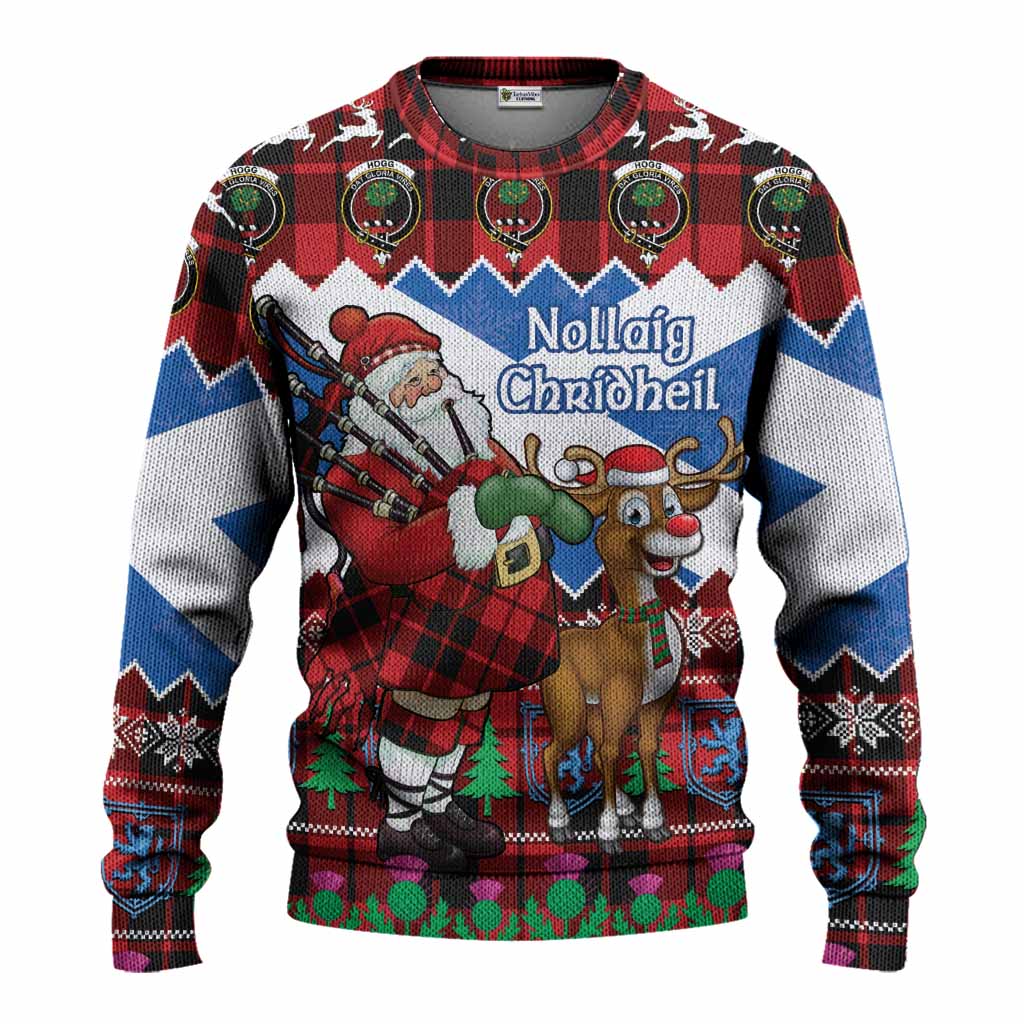 Hogg (Hog) Tartan Crest Christmas Christmas Ugly Sweater Scotland Santa With Bagpipes Cute Reindeer