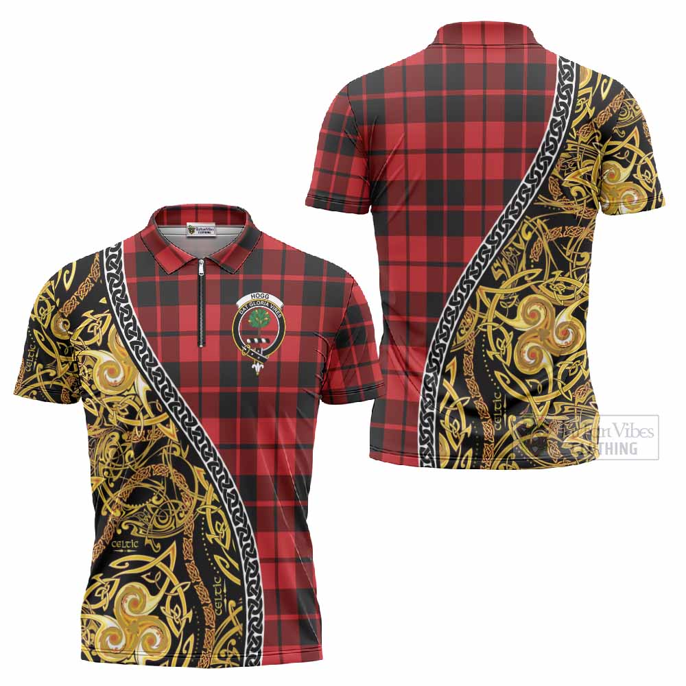 Hogg (Hog) Tartan Crest Zipper Polo Shirt Celtic Knot and Triple Trickle Spiral Symbols