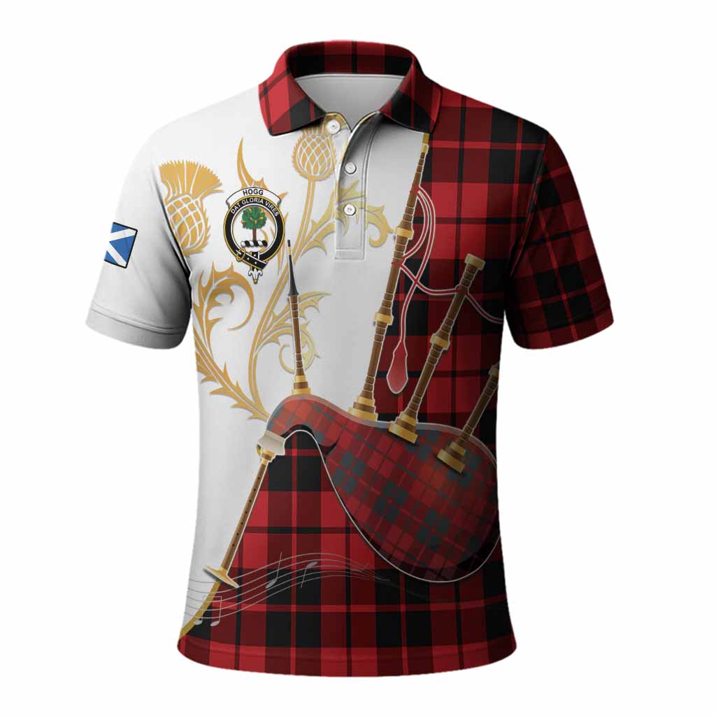 Hogg (Hog) Tartan Family Crest Polo Shirt Bagpipes with Scottish Thistle